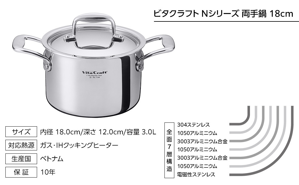 ビタクラフト Nシリーズ 両手鍋 18cm 7144