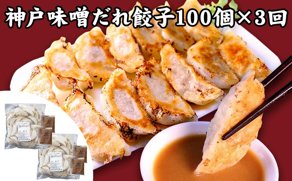 【定期便3ヶ月コース】神戸名物 味噌だれ餃子100個（50個×2パック）×3回