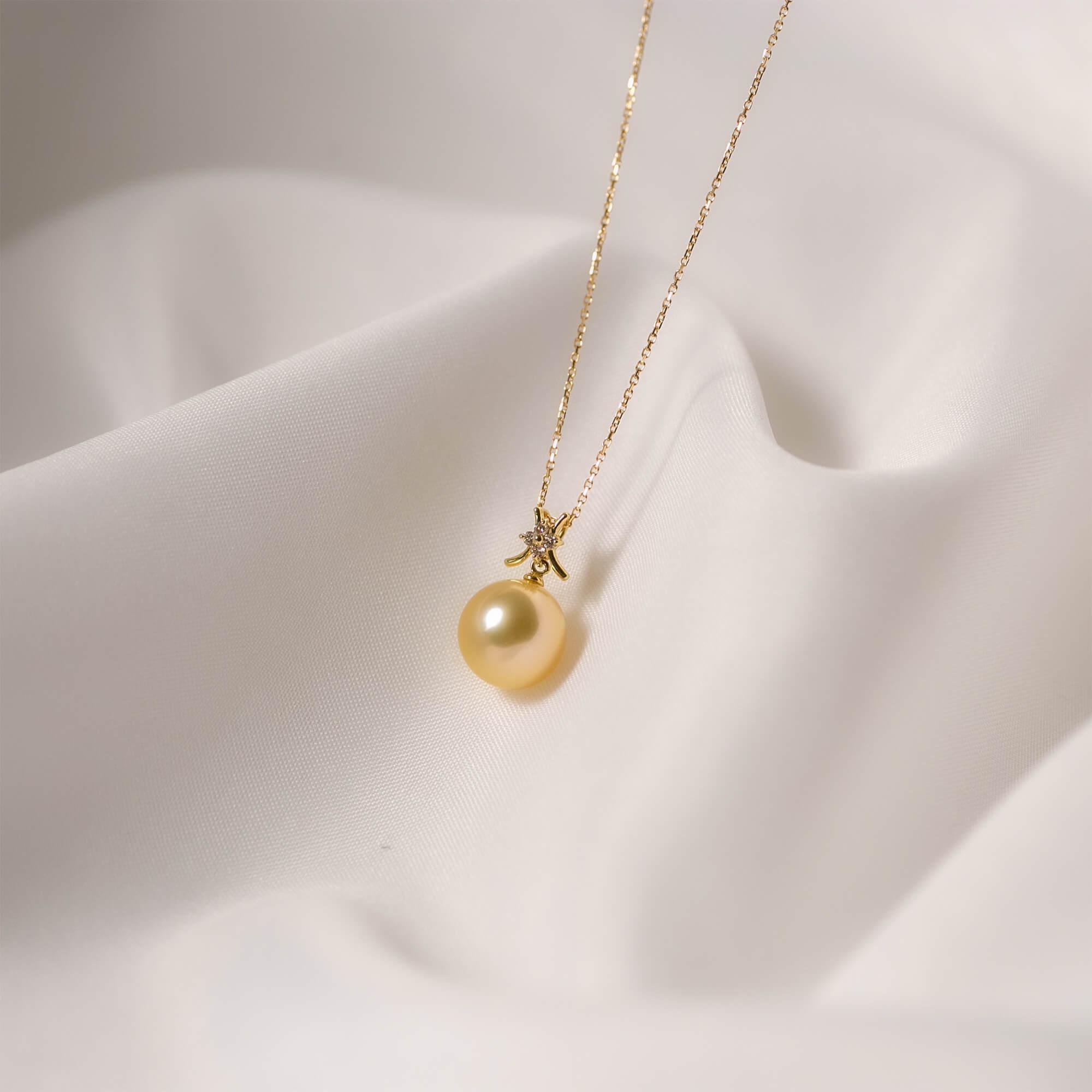 【久遠】ゴールデンパール ダイヤモンド イエローゴールド  ペンダントトップ｜無調色 白蝶真珠 南洋真珠 10mm K18YG