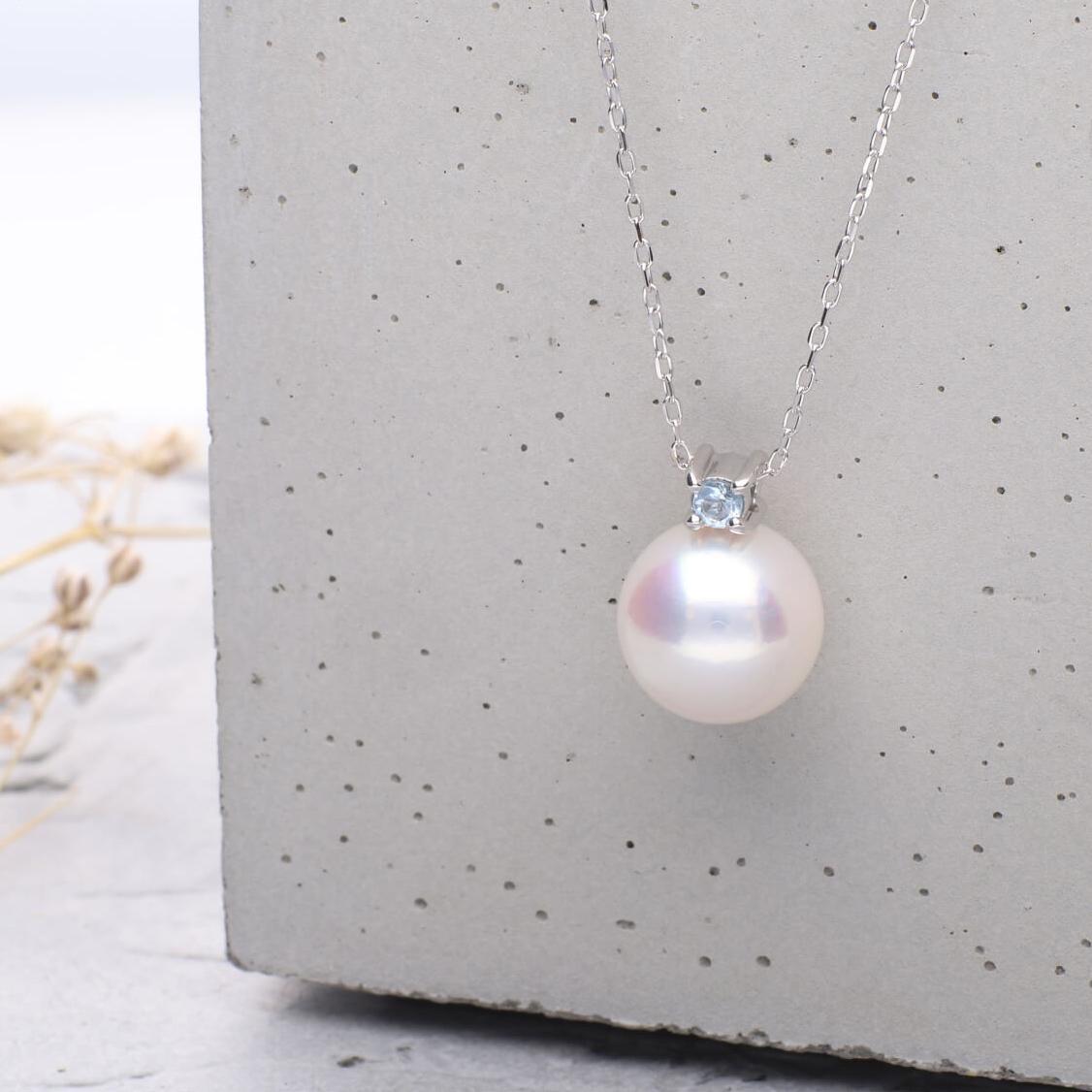 3月 誕生石 アクアマリン 無調色 アコヤ真珠（日本） 8.0mm ラウンド Pt900 プラチナ ペンダント ネックレス（チェーン付き）