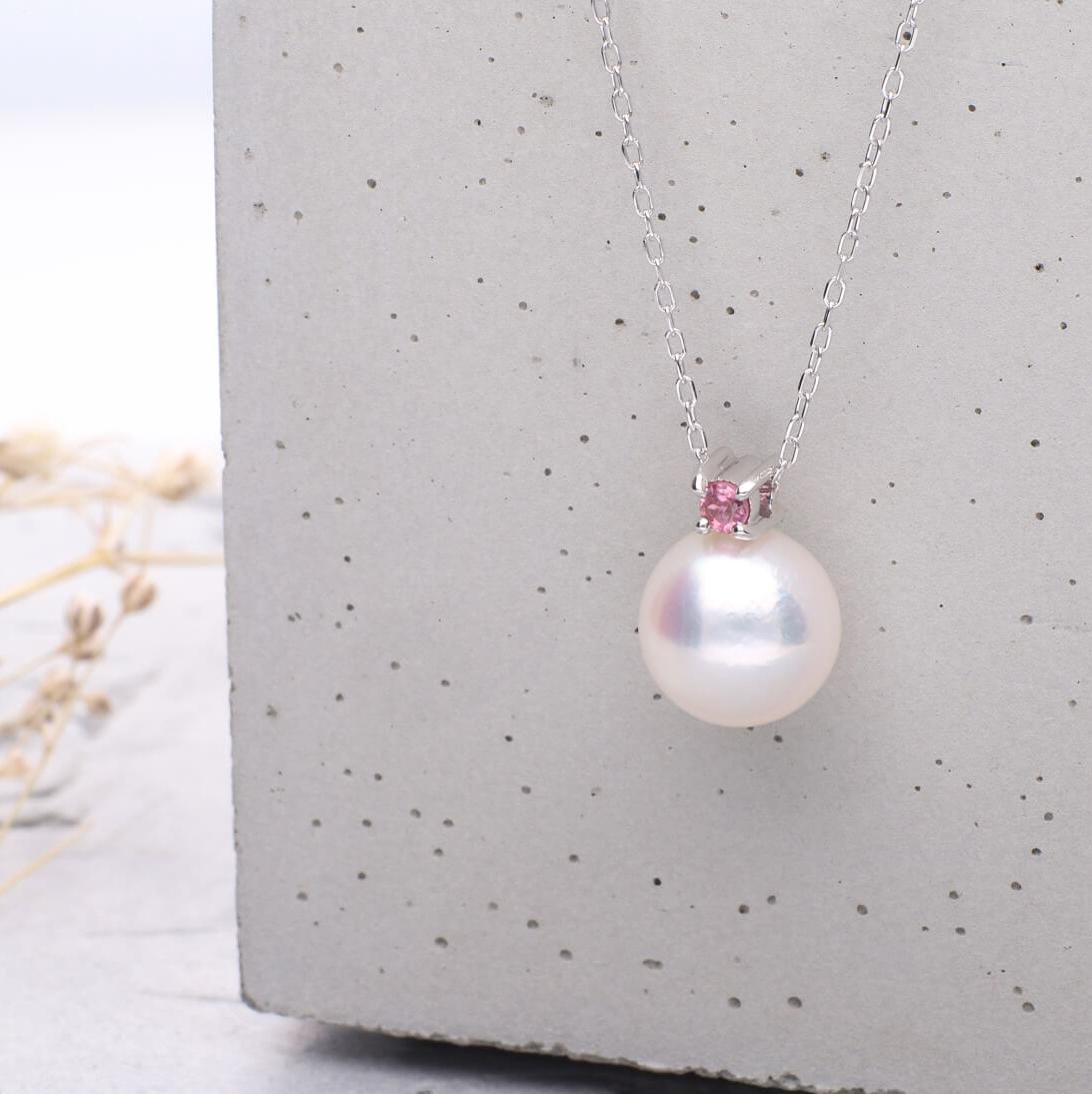 10月 誕生石 ピンクトルマリン 無調色 アコヤ真珠（日本） 8.0mm ラウンド Pt900 プラチナ ペンダント ネックレス（チェーン付き）