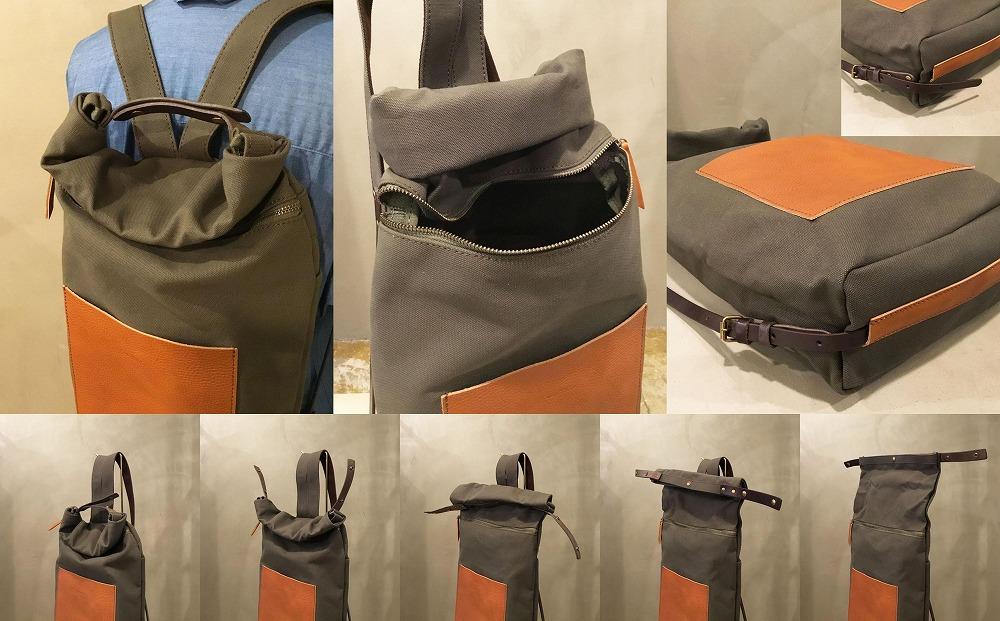 【alto.】シュリンクレザーコンビのロールトップリュック　AMSB-5003（ブラック）