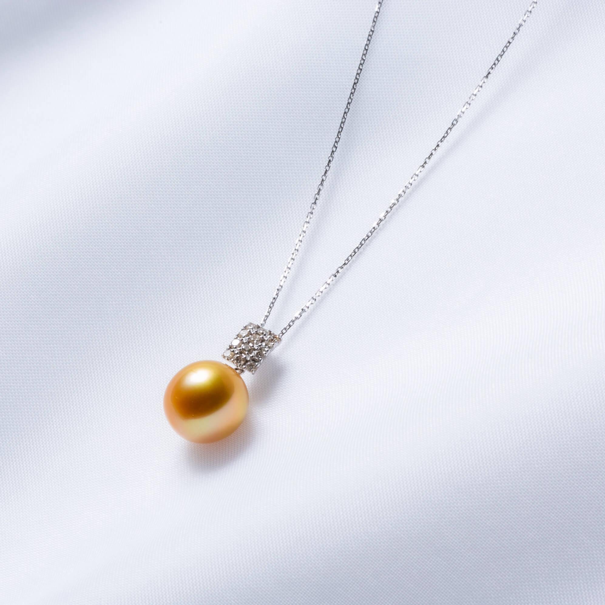 【月影】ゴールデンパール ダイヤモンド プラチナ ペンダントトップ｜無調色 白蝶真珠 南洋真珠 10mm PT900