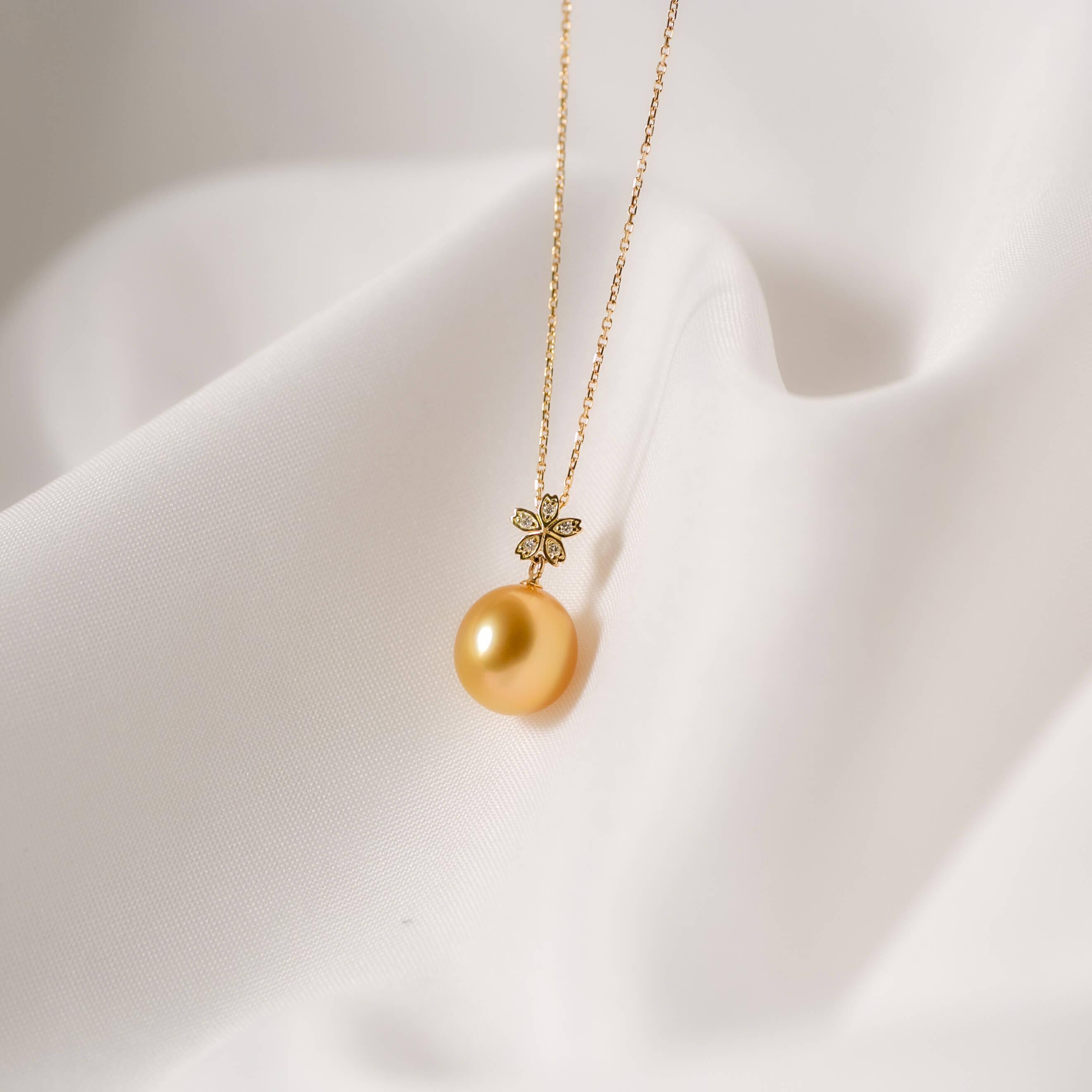 【星桜】ゴールデンパール ダイヤモンド イエローゴールド  ペンダントトップ｜無調色 白蝶真珠 南洋真珠 10mm K18YG