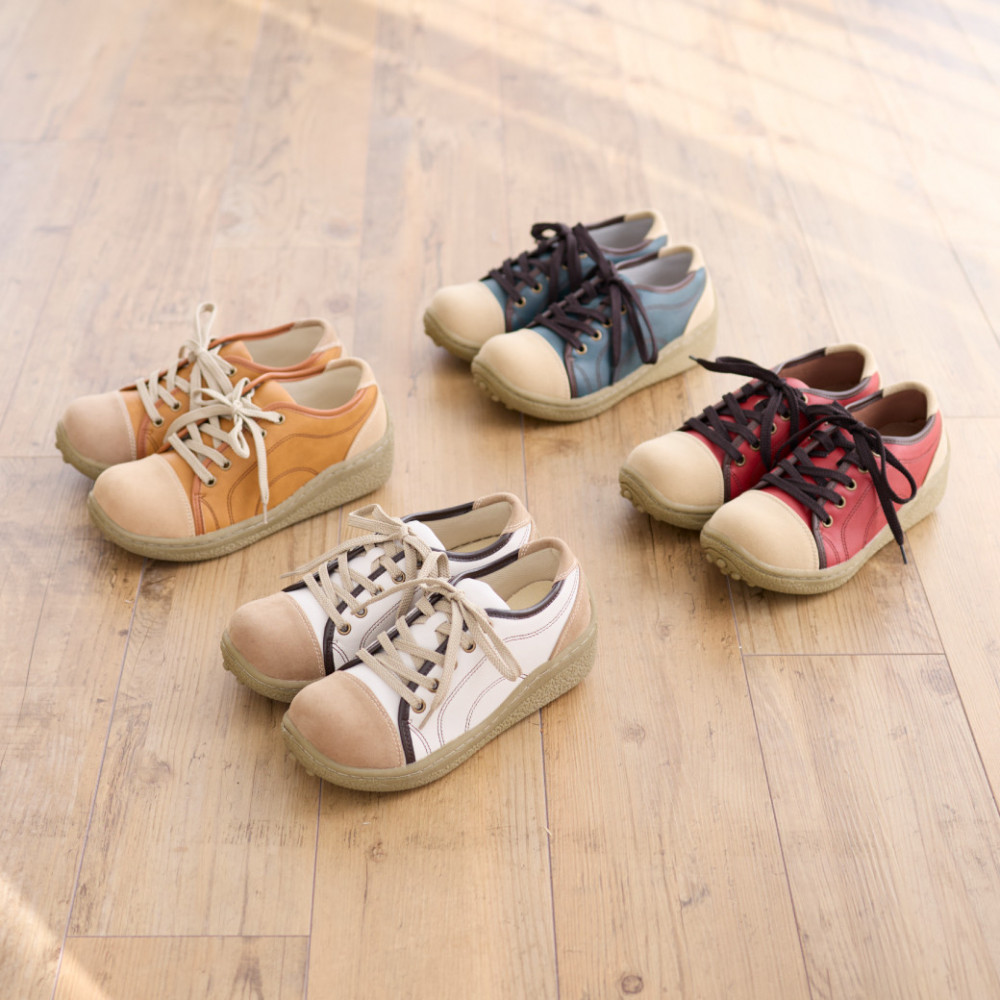 ポルカ｜レッド  S【35】(23.0cm) レディース スニーカー 幅広 甲高 外反母趾 ゆったり 3E 大人気 厚底 靴