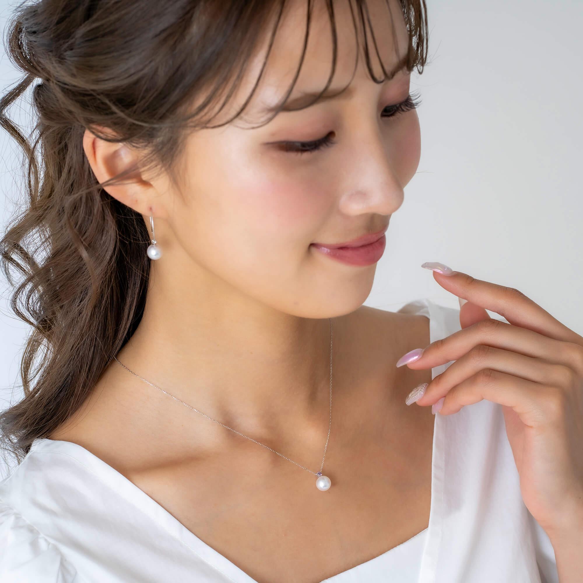 2月 誕生石 アメジスト 無調色 アコヤ真珠（日本） 8.0mm ラウンド Pt900 プラチナ ペンダント ネックレス（チェーン付き）