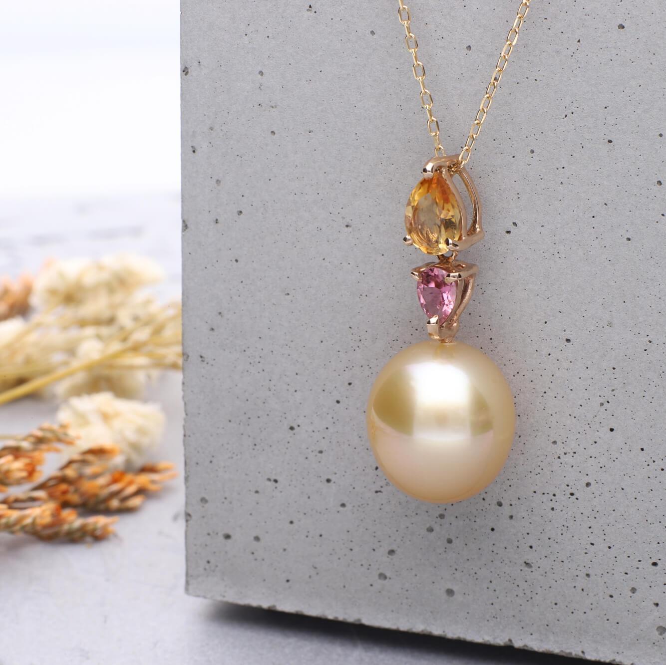 【水仙】ゴールデンパール（南洋 白蝶真珠） 10mm セミラウンド シトリン ピンクトルマリン K18 イエローゴールド ペンダントトップ