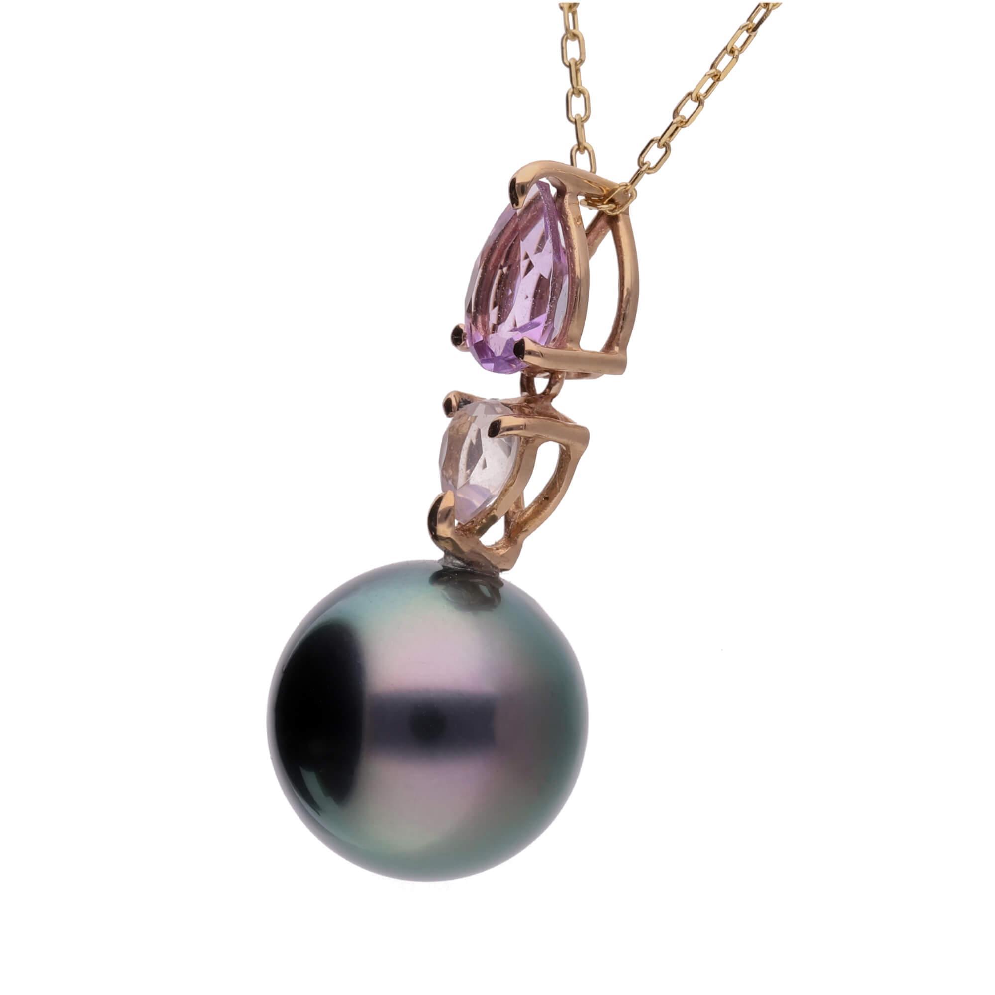 【桔梗】ブラックパール アメジスト ローズクォーツ ピンクゴールド ペンダントトップ｜無調色 黒蝶真珠 タヒチパール 10mm K18PG