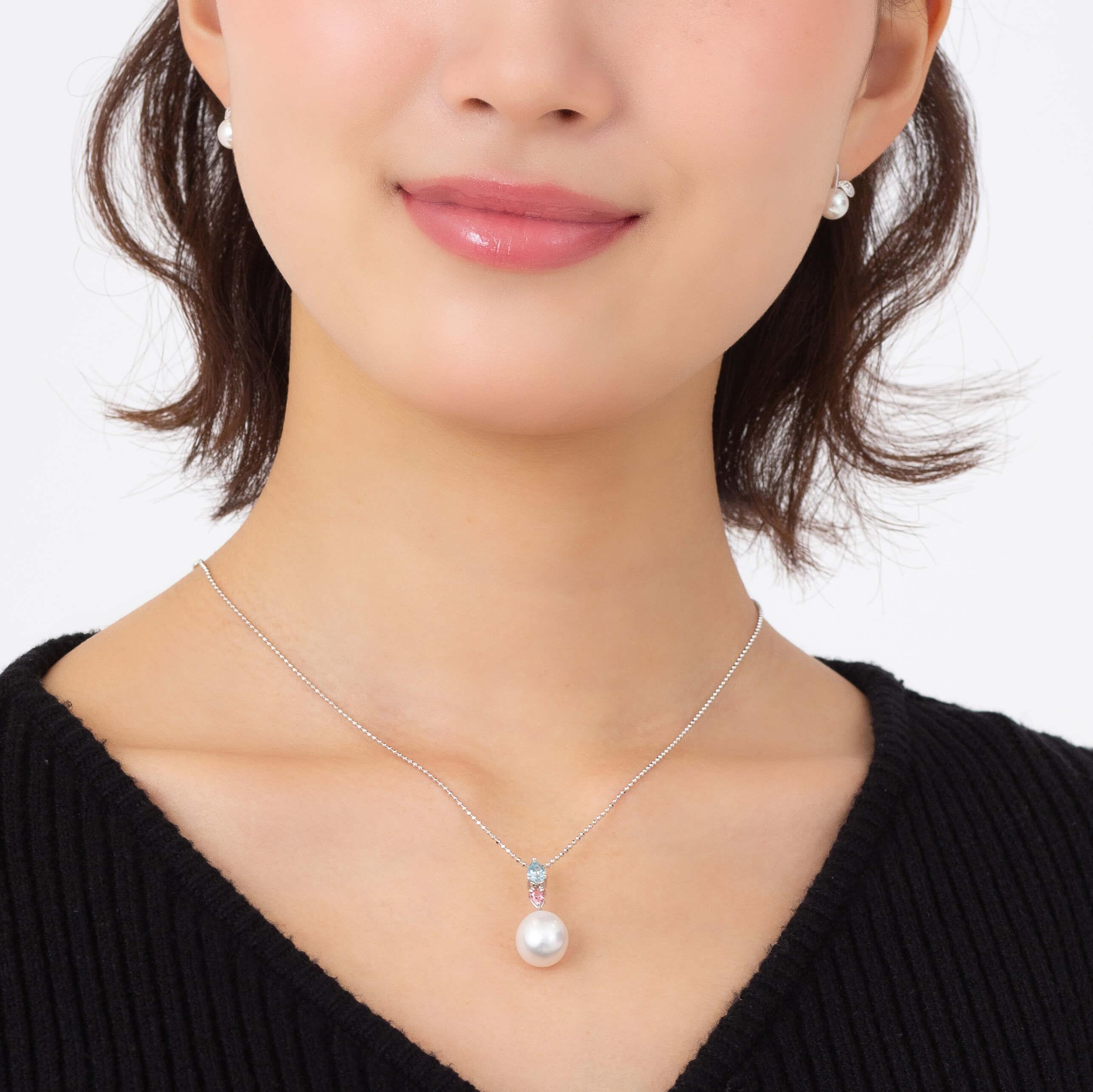 【紫陽花】シロチョウパール（南洋 白蝶真珠） 10mm ショートオーバル ブルートパーズ ピンクトルマリン K18 ホワイトゴールド ペンダントトップ