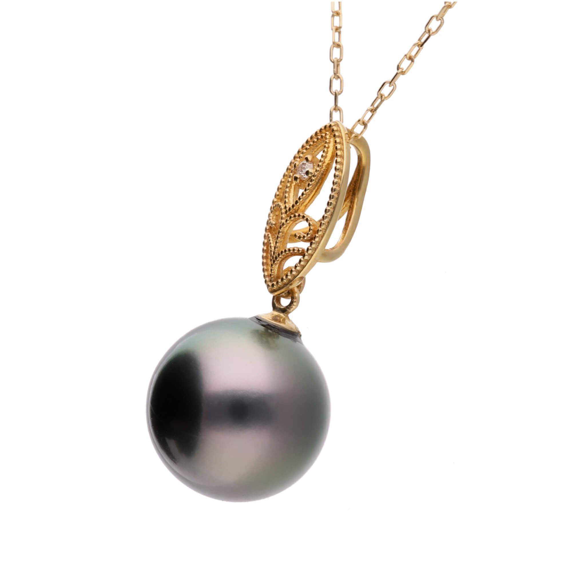 【澪標】ブラックパール ダイヤモンド イエローゴールド ペンダントトップ｜無調色 黒蝶真珠 タヒチパール 10mm K18YG