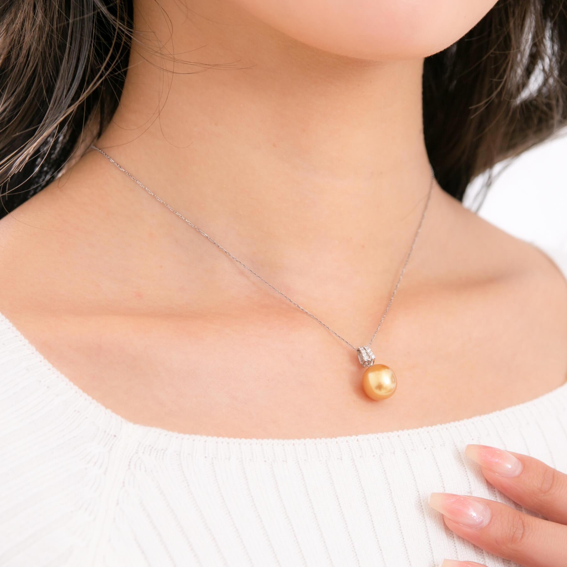 【星月夜】ゴールデンパール ダイヤモンド プラチナ ペンダントトップ｜無調色 白蝶真珠 南洋真珠 10mm PT900