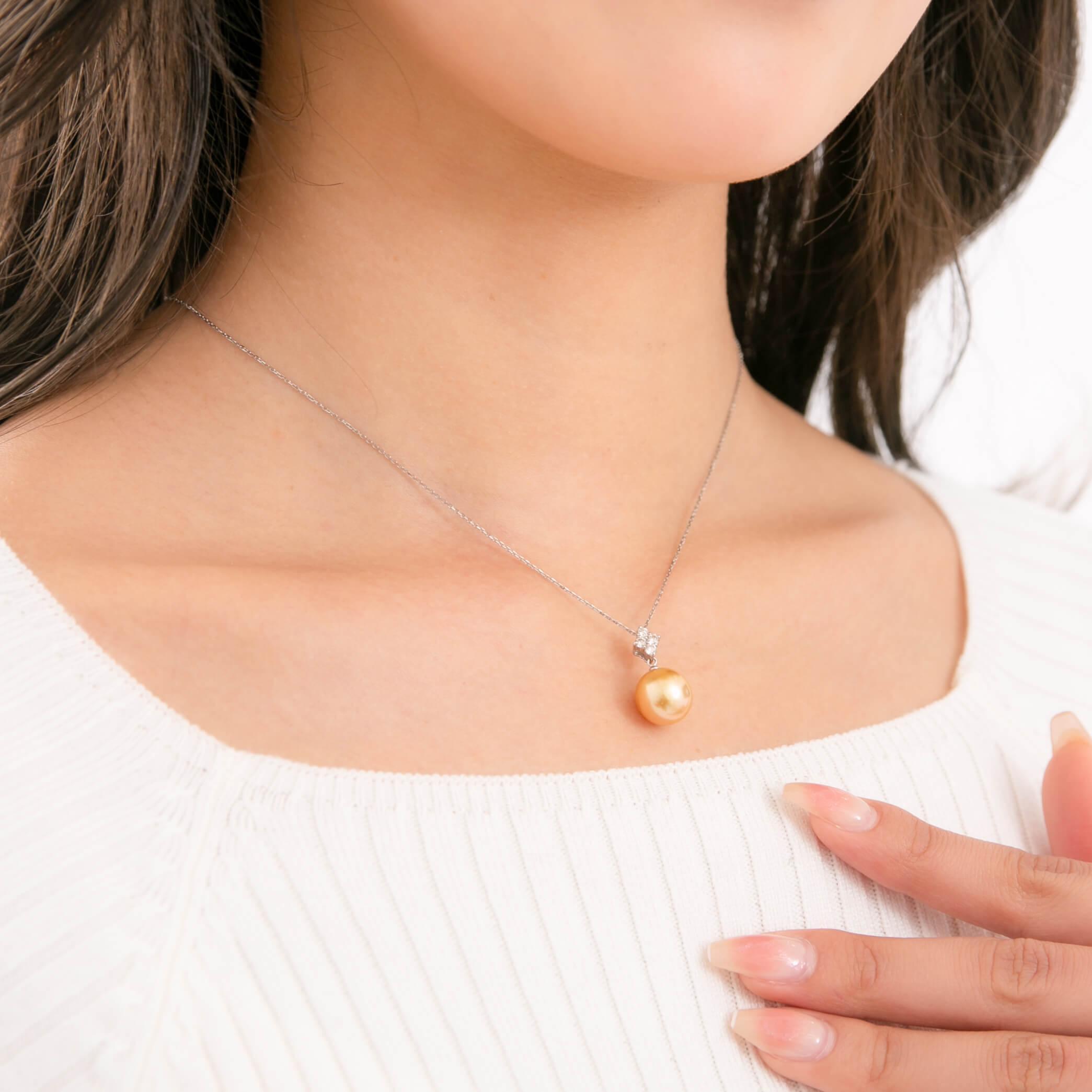 【星彩】ゴールデンパール ダイヤモンド ホワイトゴールド ペンダントトップ｜無調色 白蝶真珠 南洋真珠 10mm K18WG