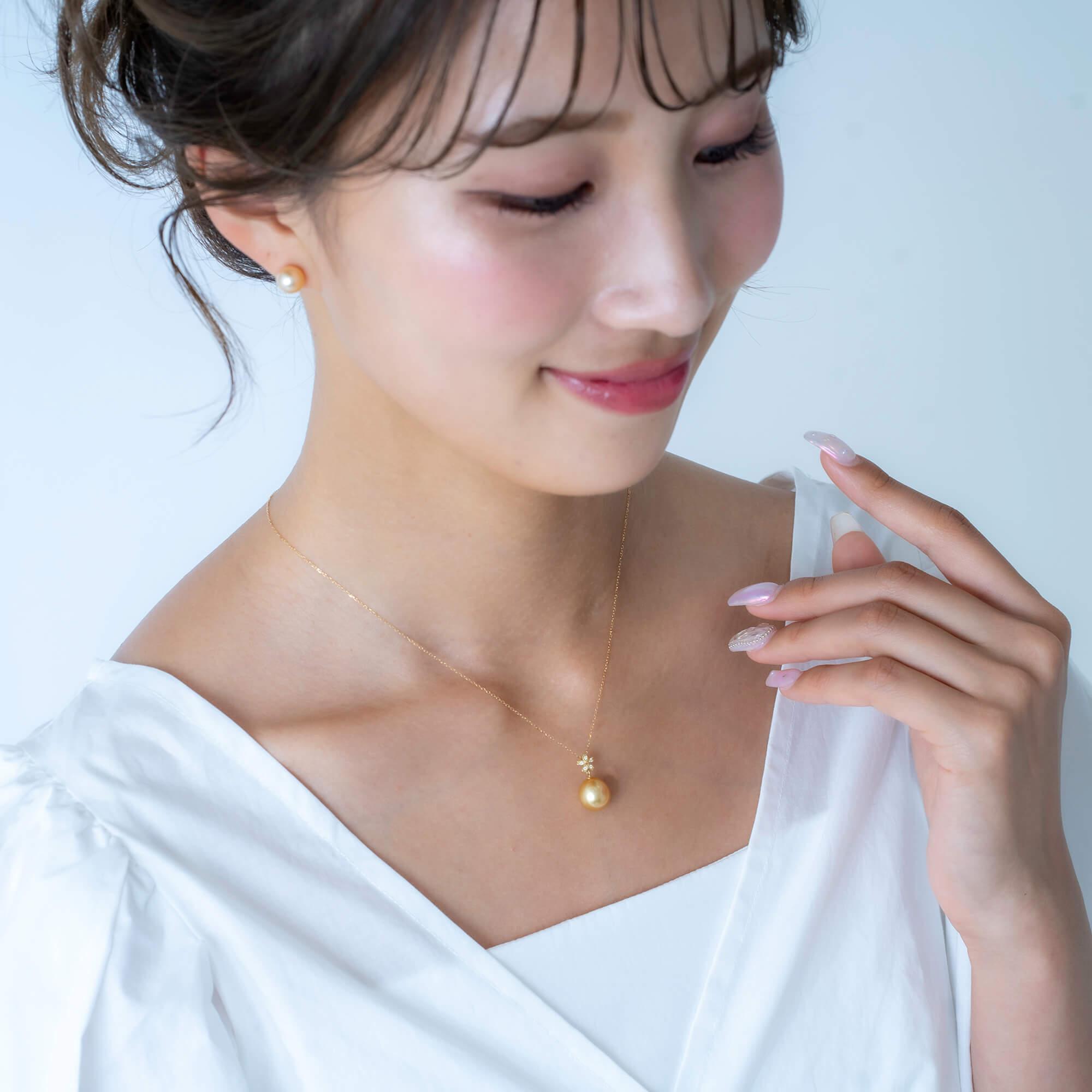 【星桜】ゴールデンパール ダイヤモンド イエローゴールド  ペンダントトップ｜無調色 白蝶真珠 南洋真珠 10mm K18YG
