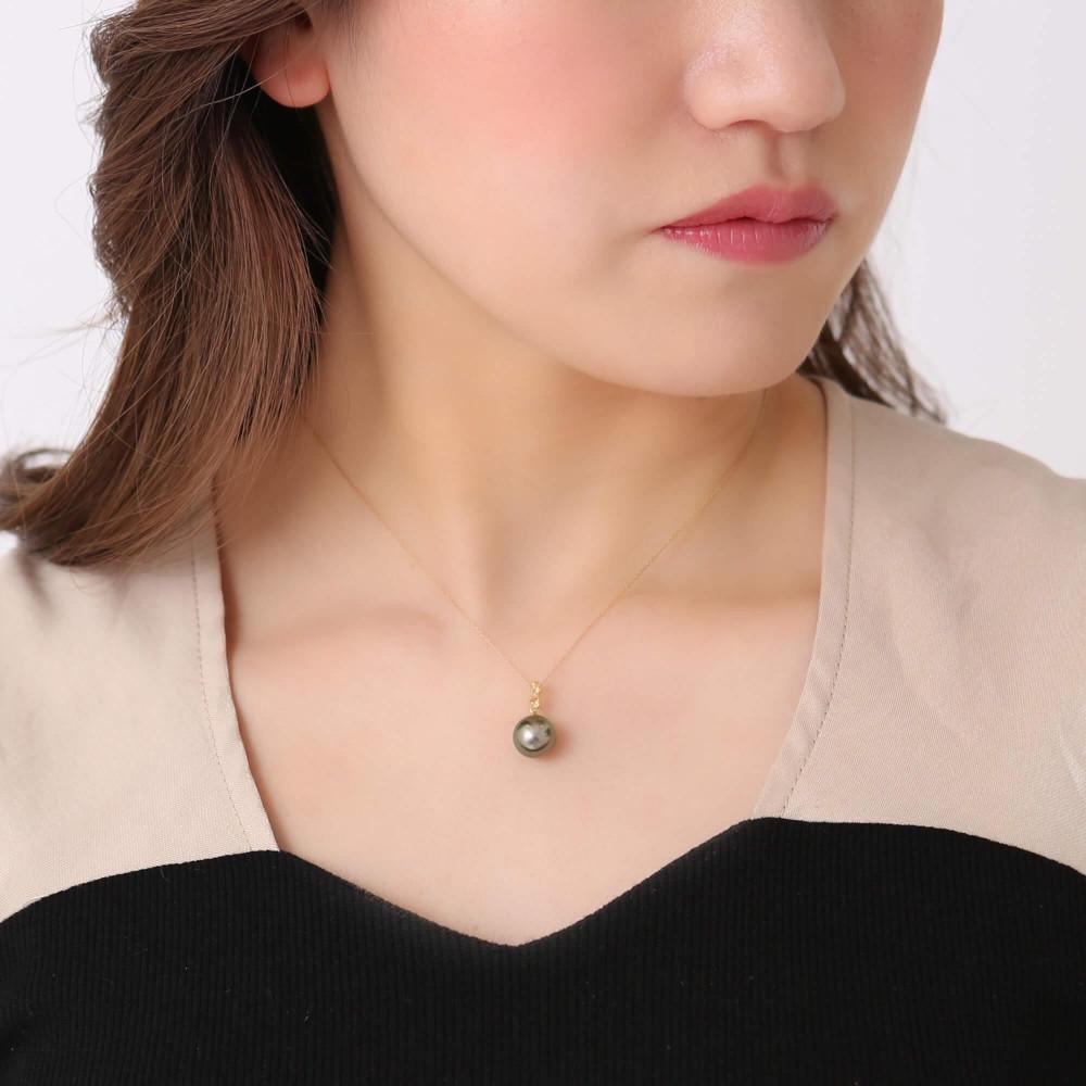 【鞠】ブラックパール イエローサファイア イエローゴールド ペンダントトップ｜無調色 黒蝶真珠 タヒチパール 10mm K18YG