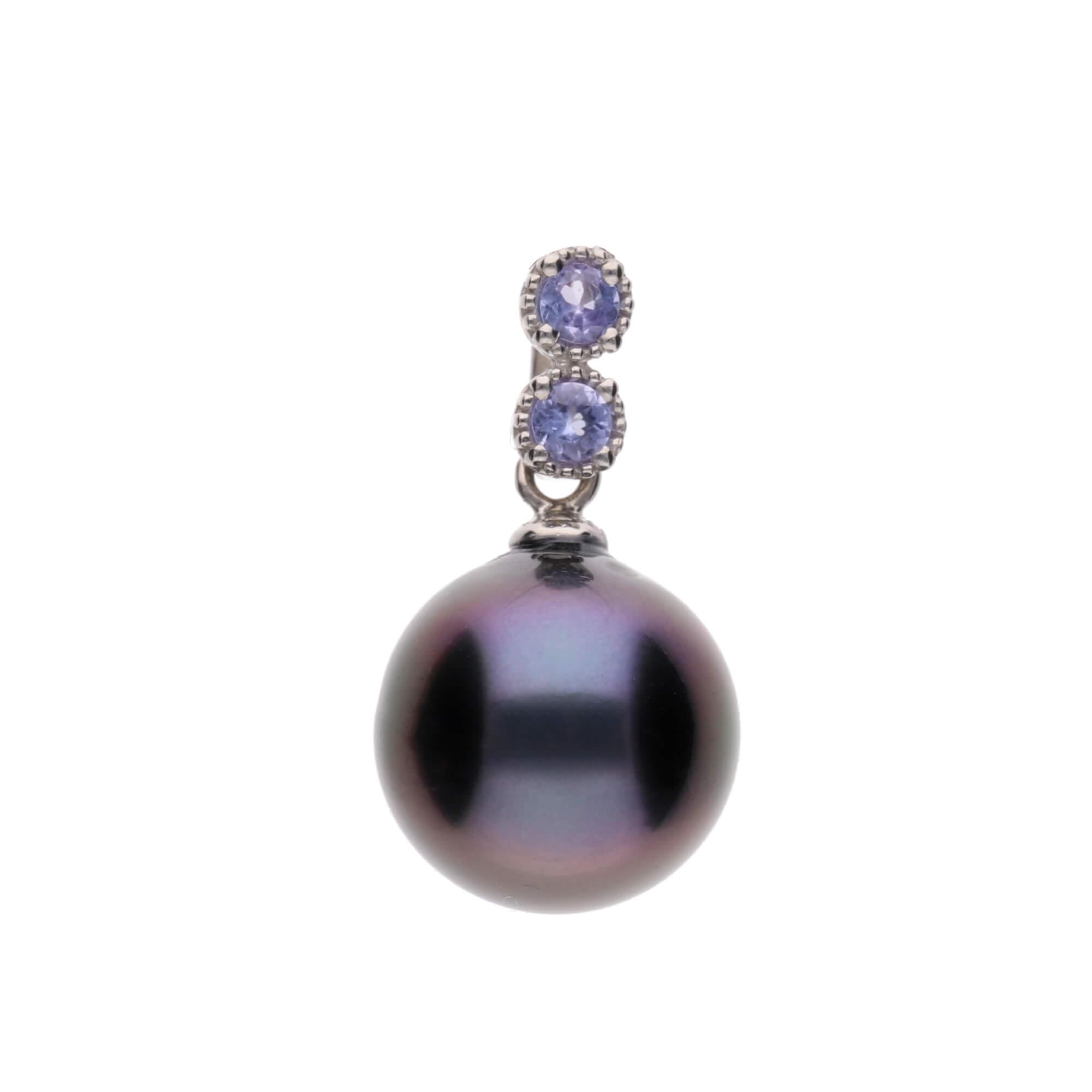 【水鞠】ブラックパール タンザナイト ホワイトゴールド ペンダントトップ｜無調色 黒蝶真珠 タヒチパール 10mm K18WG