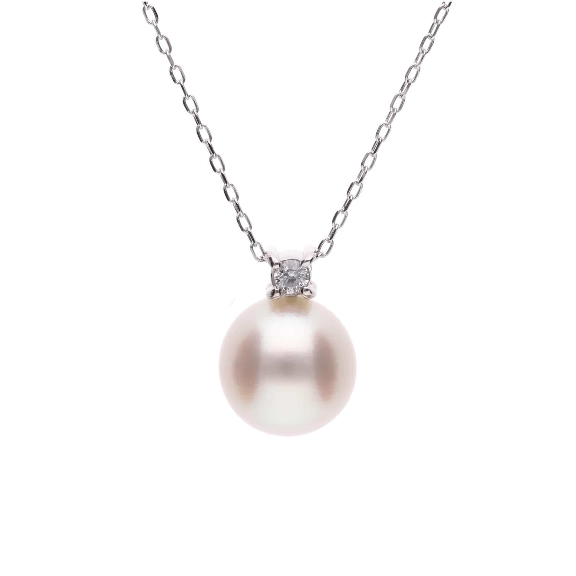 4月 誕生石 ダイヤモンド｜アコヤパール ペンダント ネックレス｜無調色 アコヤ真珠 8.0mm K10WG チェーン付き