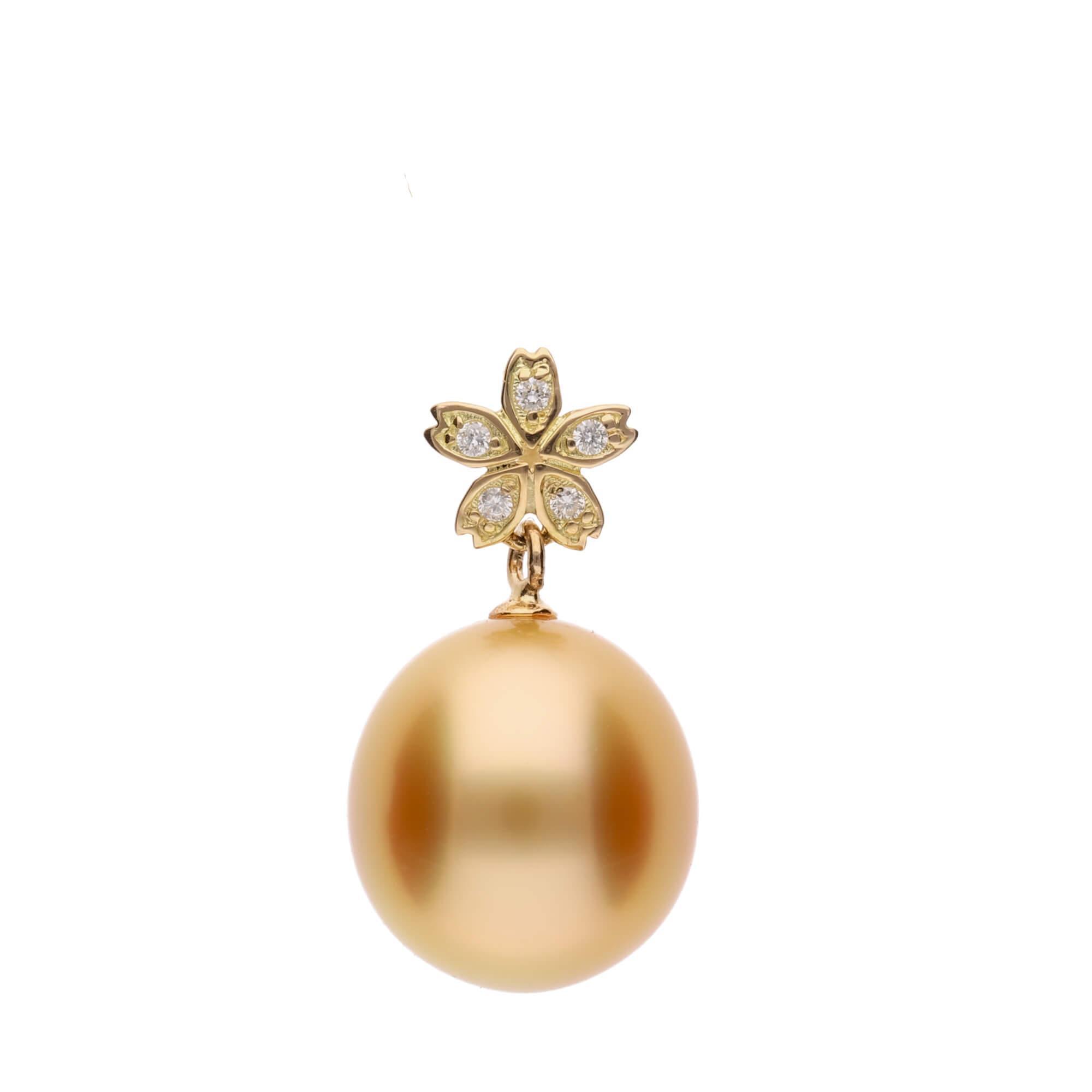【星桜】ゴールデンパール ダイヤモンド イエローゴールド  ペンダントトップ｜無調色 白蝶真珠 南洋真珠 10mm K18YG