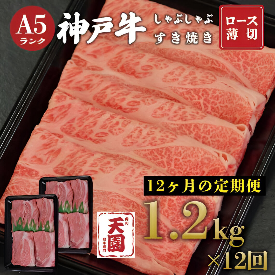 【ふるさと納税 定期便（頒布会）】神戸牛 霜降り 肩ロース しゃぶしゃぶすき焼き1200g×12ヶ月