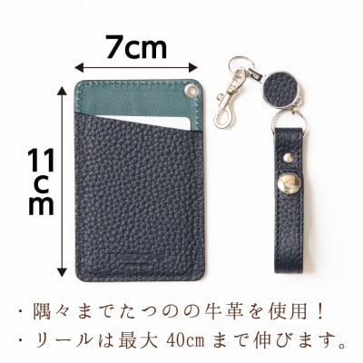 兵庫県たつの市産牛革 定期・ICカード用パスケース(ネイビー×ピーコックブルー)　HEDGE
