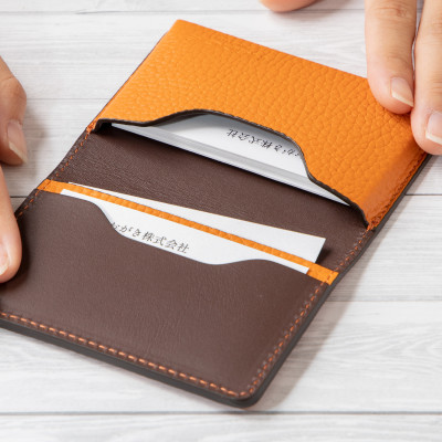 国産オレンジ牛革の名刺入れ　[たつの市産シュリンク型押し] HEDGE