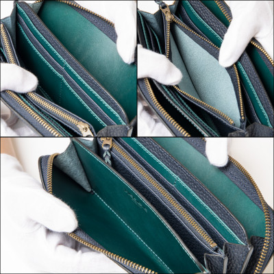 HEDGE　ファスナー長財布(ネイビー×ピーコックブルー)たつの市産シュリンク型押し牛革と染料牛革