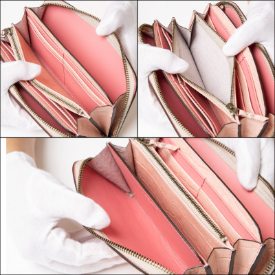 淡いピンクのクロコ模様 本革ラウンド長財布 [兵庫県たつの市産牛革使用]　革製品のHEDGE