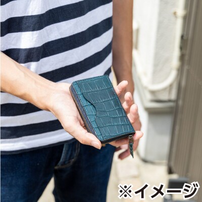 HEDGE　奥深い染料でクロコが際立つ メンズコインケース(ブラック)カードポケット付き 国産牛革