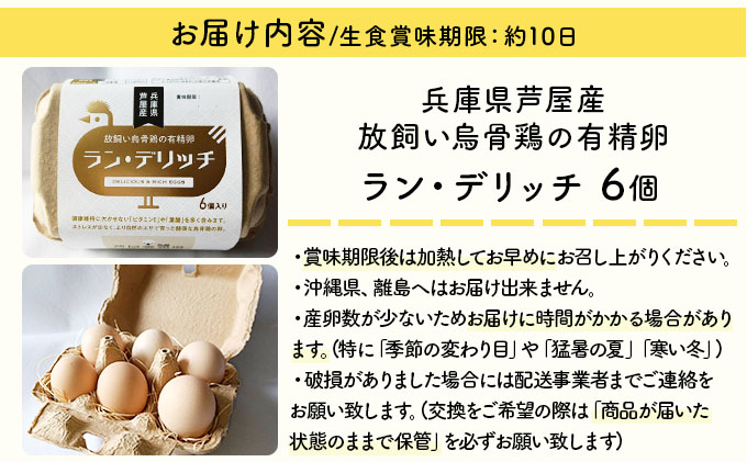 兵庫県芦屋産 放飼い烏骨鶏の有精卵『ラン・デリッチ』 | 6個入 卵 たまご 烏骨鶏 新鮮 産直 卵詰め合わせ 卵セット 高級卵 玉子 放飼い