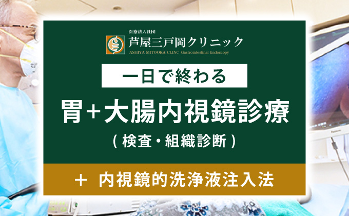 1日で終わる 胃・大腸内視鏡診療（内視鏡的洗浄液注入法プラン） (日帰り) 1名様【芦屋三戸岡クリニック】消化器内視鏡専門クリニック 大腸検査 内視鏡検査 大腸がん 大腸ポリープ などの 早期発見 早期対策 早期治療 健康 カウンセリング [070-a004]