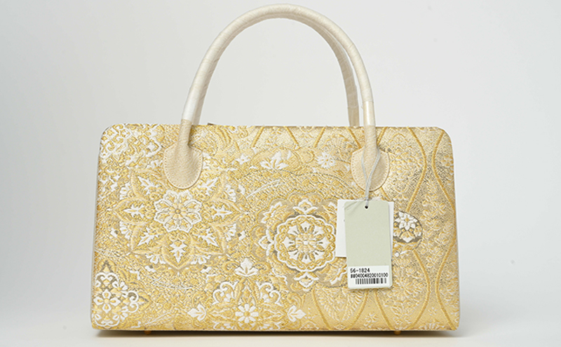 和装バッグ　たてわく柄　ゴールド　利休バッグ ファッション かばん トートバッグ 手提げ 民芸品 工芸品 伝統技術 篠原縫製