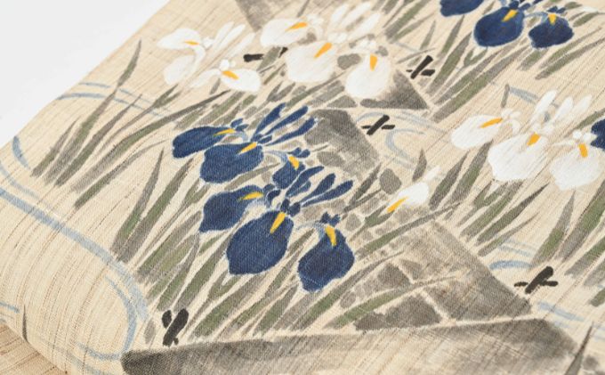 名古屋帯　麻　八橋にカキツバタ柄　お仕立て上がり　お単衣　絽　紗に