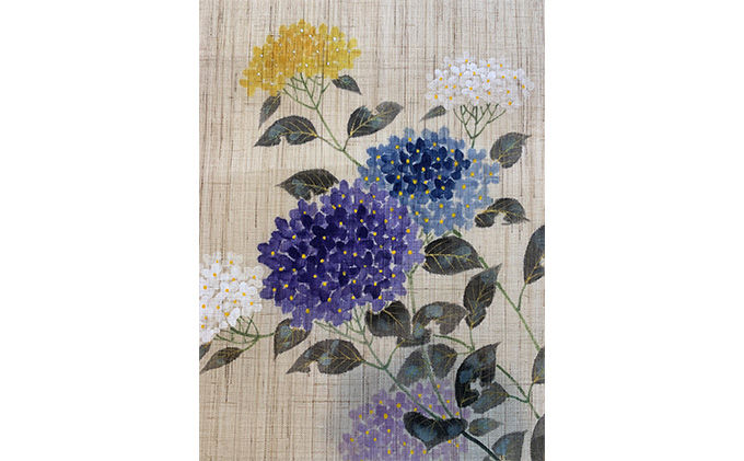 名古屋帯　麻　3種類の紫陽花柄　お仕立て上がり　お単衣　絽　紗に