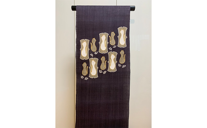 名古屋帯　麻　ネコの柄　お仕立て上がり　お単衣　絽　紗に