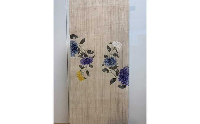 名古屋帯　麻　3種類の紫陽花柄　お仕立て上がり　お単衣　絽　紗に