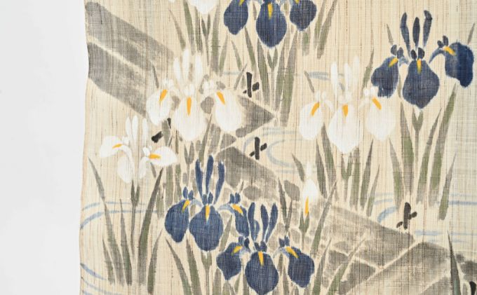 名古屋帯　麻　八橋にカキツバタ柄　お仕立て上がり　お単衣　絽　紗に