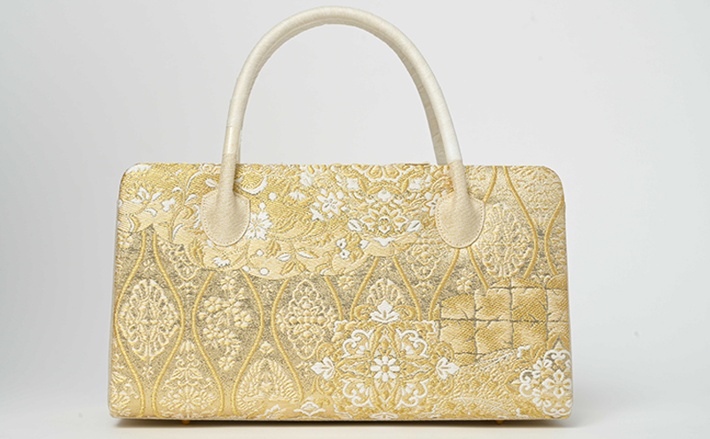 和装バッグ　たてわく柄　ゴールド　利休バッグ ファッション かばん トートバッグ 手提げ 民芸品 工芸品 伝統技術 篠原縫製