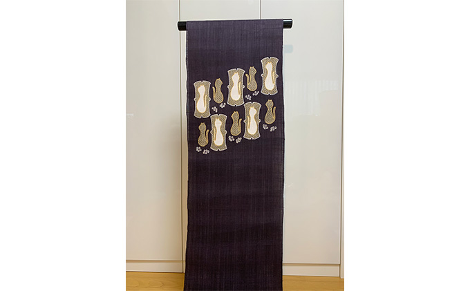 名古屋帯　麻　ネコの柄　お仕立て上がり　お単衣　絽　紗に