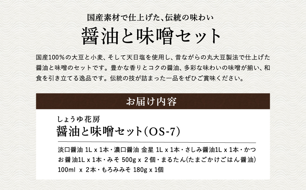 醤油と味噌セット（OS-7）/ 内容：淡口醤油・濃口醤油金星・さしみ醤油・かつお醤油各1L×1本、卵かけご飯専用醤油100ml×2本、もろみ味噌180g×1、国産大豆味噌500g×2 / 国産大豆 醤油 味噌 TKG 調味料 セット 化粧箱入 ギフト【しょうゆの花房】
