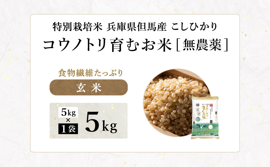 令和7年産 無農薬 玄米 5kg コウノトリ育むお米 但馬産 こしひかり 兵庫県産 (5kg×1袋) 無農薬 お米 5キロ 玄米 コウノトリ米 コシヒカリ 農薬不使用 特別栽培米 予約 コメ こめ ご飯 ライス 無農薬米