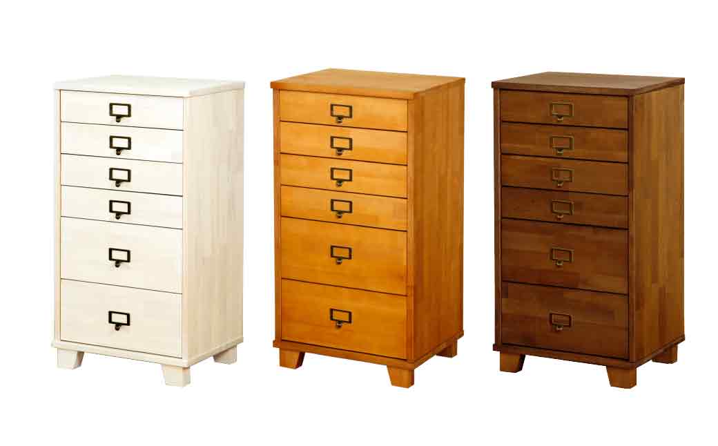 天然木チェスト 6段 A4サイズ ライトブラウン・キャスター・取っ手A(ネームアンティーク)