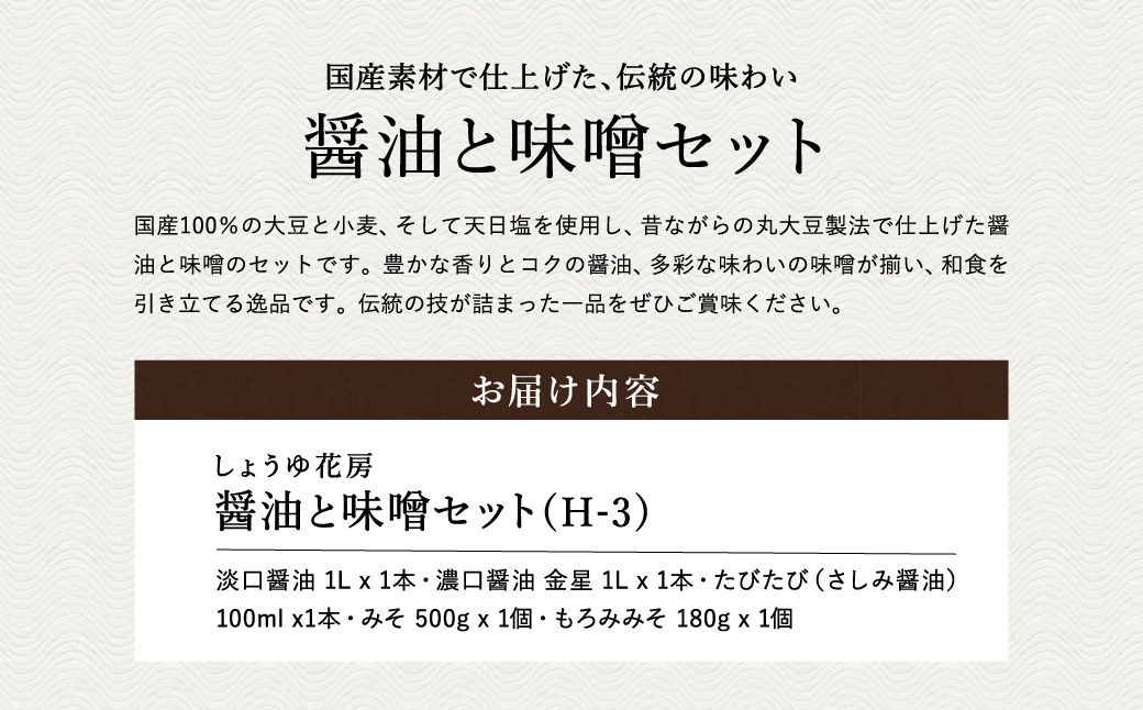 醤油と味噌セット(H-3) / 内容：淡口醤油・濃口醤油金星 各1L×1本、さしみ醤油100ml×1本、もろみ味噌180g×1、国産大豆味噌500g×1 / 醤油セット 国産大豆 醤油 しょうゆ 味噌 もろみ みそ 刺身醤油 調味料 セット 詰め合わせ【しょうゆの花房】
