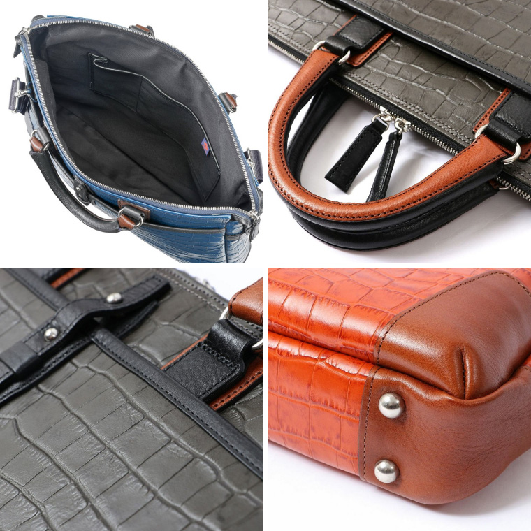 豊岡鞄 craftsmanship クロコ型ブリーフ ブルー 197712 / 木和田正昭商店 クロコダイル調 本革 ブリーフケース ビジネスバッグ メンズ ビジネスカジュアル カバン バッグ A4ファイル収納 手持ち ショルダーベルト付属 2way