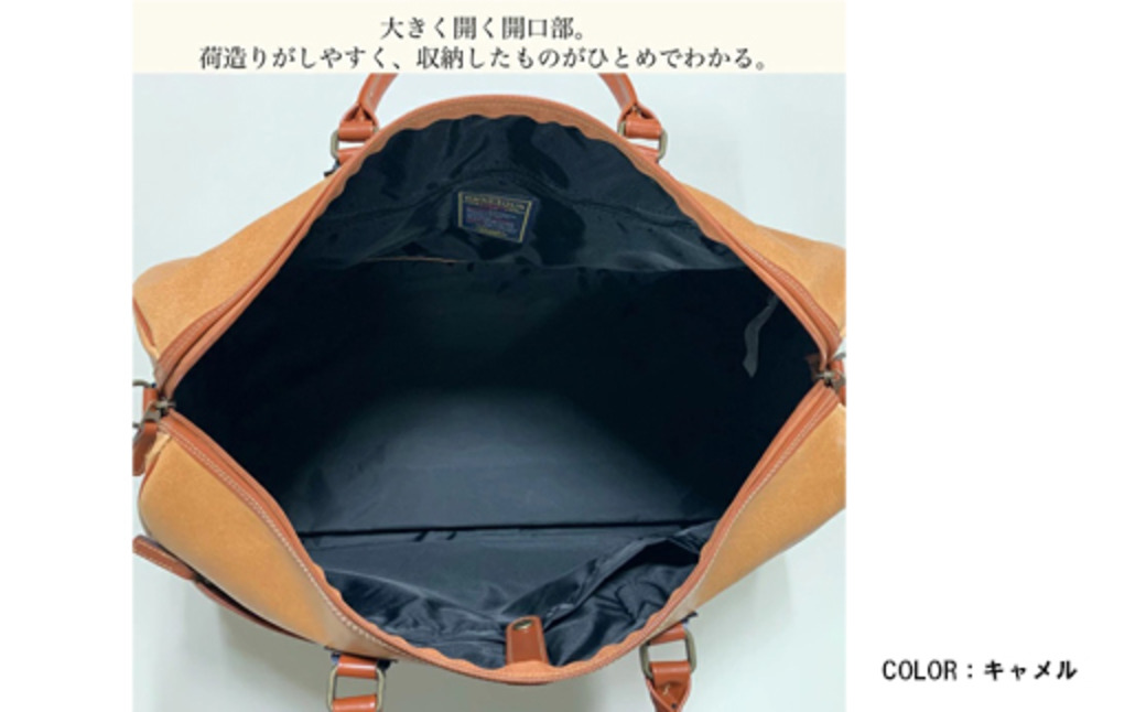 白化合皮 前2ポケット ボストン キャメル 10438-10 / 平野鞄 ボストンバック トラベルバッグ 旅行カバン 両開きファスナー 2～3泊 旅行 出張 ゴルフ ジム レトロ ヴィンテージ おしゃれ 高級 豊岡製鞄 日本製 かばん カバン バッグ 鞄