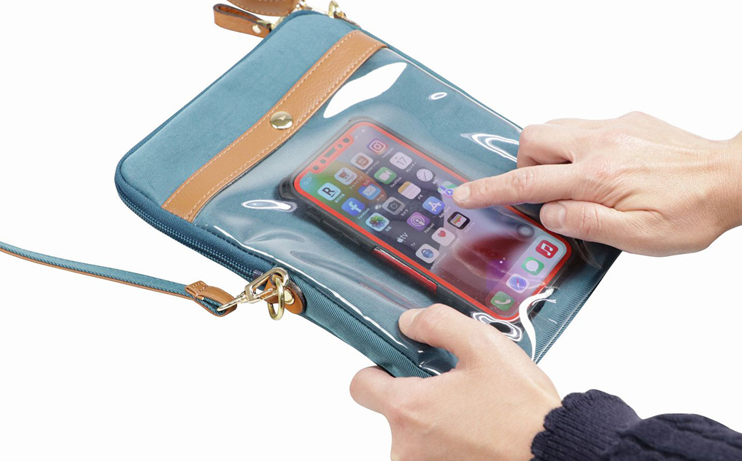 豊岡工房 牛革使い スマホが触れるショルダー（4185）ブルー / ショルダーバッグ スマホをいれたまま操作可能 ナイロン素材 薄マチ 軽量 ポシェット 斜めがけ メンズ レディース かばん カバン バッグ 鞄 国産 日本製 小田清株式会社