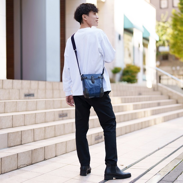 豊岡鞄　帆布PU×レザーショルダーＳ（24-170）ブルー