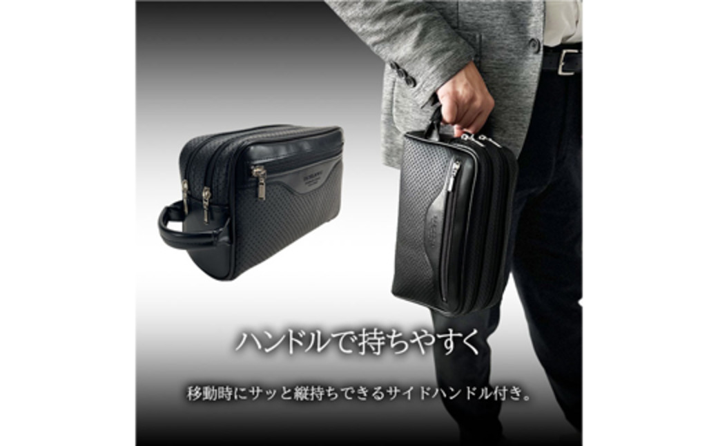 パンチング天ファスナーWポーチ 黒 25965-01 / 平野鞄 ポーチ 2層式 仕分け収納 ダブルファスナー カード入れ 縦持ち サイドハンドル フォーマル シンプル デザイン 高級 豊岡製鞄 日本製 かばん カバン バッグ 鞄