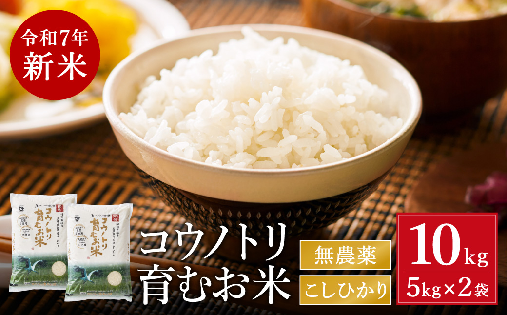令和7年産　新米 無農薬 米 10kg コウノトリ育むお米 新米 但馬産 こしひかり 兵庫県産(5kg×2袋)（94-002）無農薬 お米 10キロ 精米 白米 コウノトリ米 コシヒカリ 農薬不使用 特別栽培米 新米 予約 コメ こめ ご飯 ライス 無農薬米