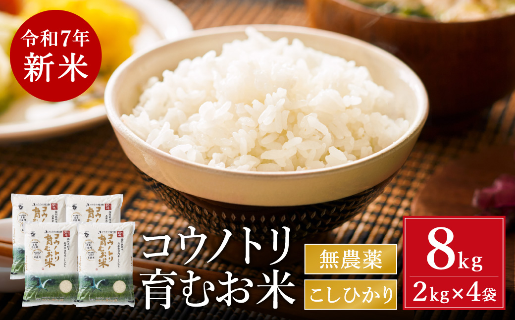 令和7年産　新米 無農薬 米 8kg コウノトリ育むお米 新米 但馬産 こしひかり 兵庫県産(2kg×4袋)（94-001）無農薬 お米 8キロ 精米 白米 コウノトリ米 コシヒカリ 農薬不使用 特別栽培米 新米 予約 コメ こめ ご飯 ライス 無農薬米