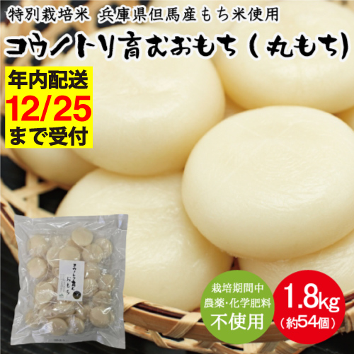 特別栽培米 兵庫県但馬産 コウノトリ育むおもち（丸餅）農薬・化学肥料不使用 3袋 1.8Kg（約54個） / 無添加 切り餅 個包装 無農薬 化学肥料不使用 但馬産 添加物不使用 常温保存 国産 おもち お餅 餅 まる餅 白餅 焼き餅 雑煮 お正月 正月用
