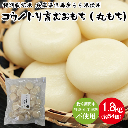 特別栽培米 兵庫県但馬産 コウノトリ育むおもち（丸餅）農薬・化学肥料不使用 3袋 1.8Kg（約54個） / 無添加 切り餅 個包装 無農薬 化学肥料不使用 但馬産 添加物不使用 常温保存 国産 おもち お餅 餅 まる餅 白餅 焼き餅 雑煮 お正月 正月用